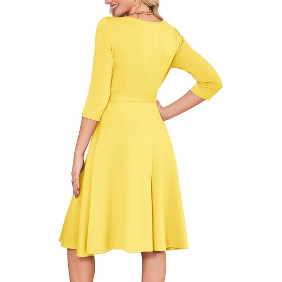 Women's Yellow 3/4 Sleeve Vintage Flattering A-line Vintage Cocktail Dresses - Picture 5 of 5